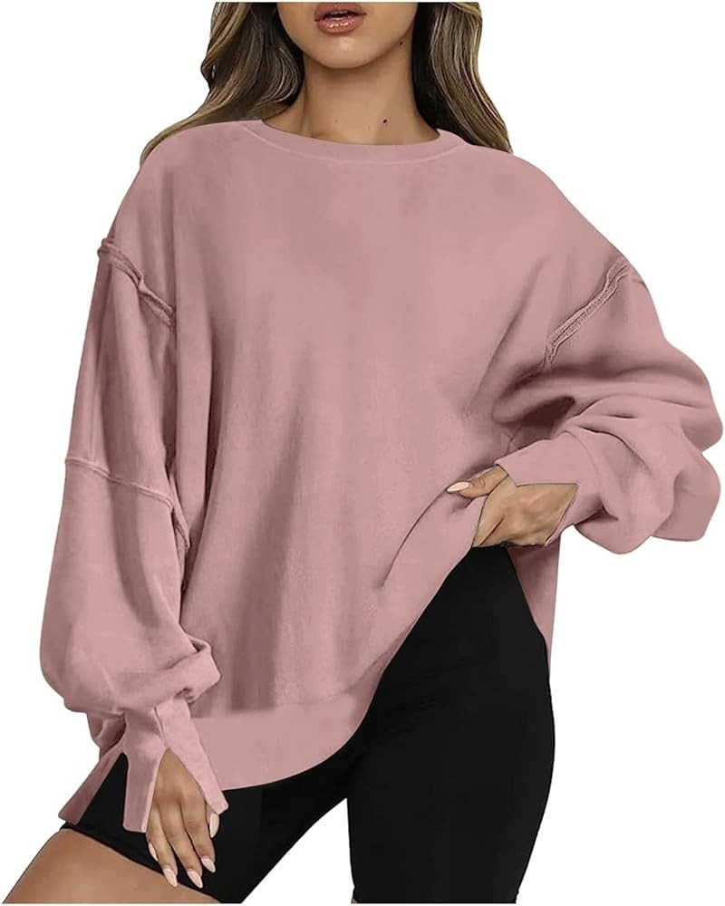 Oversized Sweatshirts For Women Fall Fashion 2023 Drop Shoulder Pullovers Long Sleeve Loose Baggy Sweatshirt Sweater G05-pink...