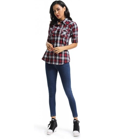 Women's Roll Up Sleeve Button Down Plaid Flannel Shirt Fitted Casual Tops M039 Red Grid $9.38 Blouses