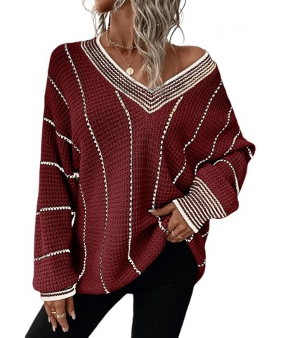 Womens Oversized Striped Tunic Long Sleeve Sweaters Casual V Neck Color Block Knit Pullover Jumper Tops Red $18.06 Sweaters