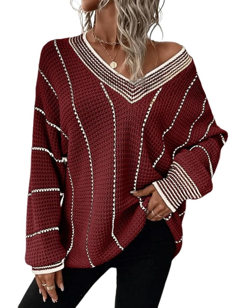 Womens Oversized Striped Tunic Long Sleeve Sweaters Casual V Neck Color Block Knit Pullover Jumper Tops Red $18.06 Sweaters