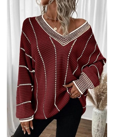 Womens Oversized Striped Tunic Long Sleeve Sweaters Casual V Neck Color Block Knit Pullover Jumper Tops Red $18.06 Sweaters