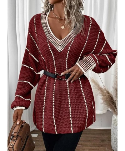 Womens Oversized Striped Tunic Long Sleeve Sweaters Casual V Neck Color Block Knit Pullover Jumper Tops Red $18.06 Sweaters