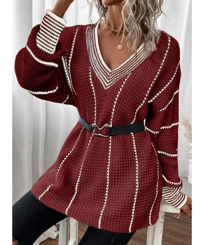 Womens Oversized Striped Tunic Long Sleeve Sweaters Casual V Neck Color Block Knit Pullover Jumper Tops Red $18.06 Sweaters