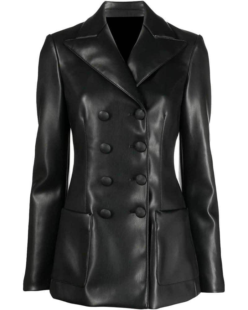 Hemhum Leather Buttons Genuine Lambskin Leather Blazar Coat for Women Black $85.74 Coats