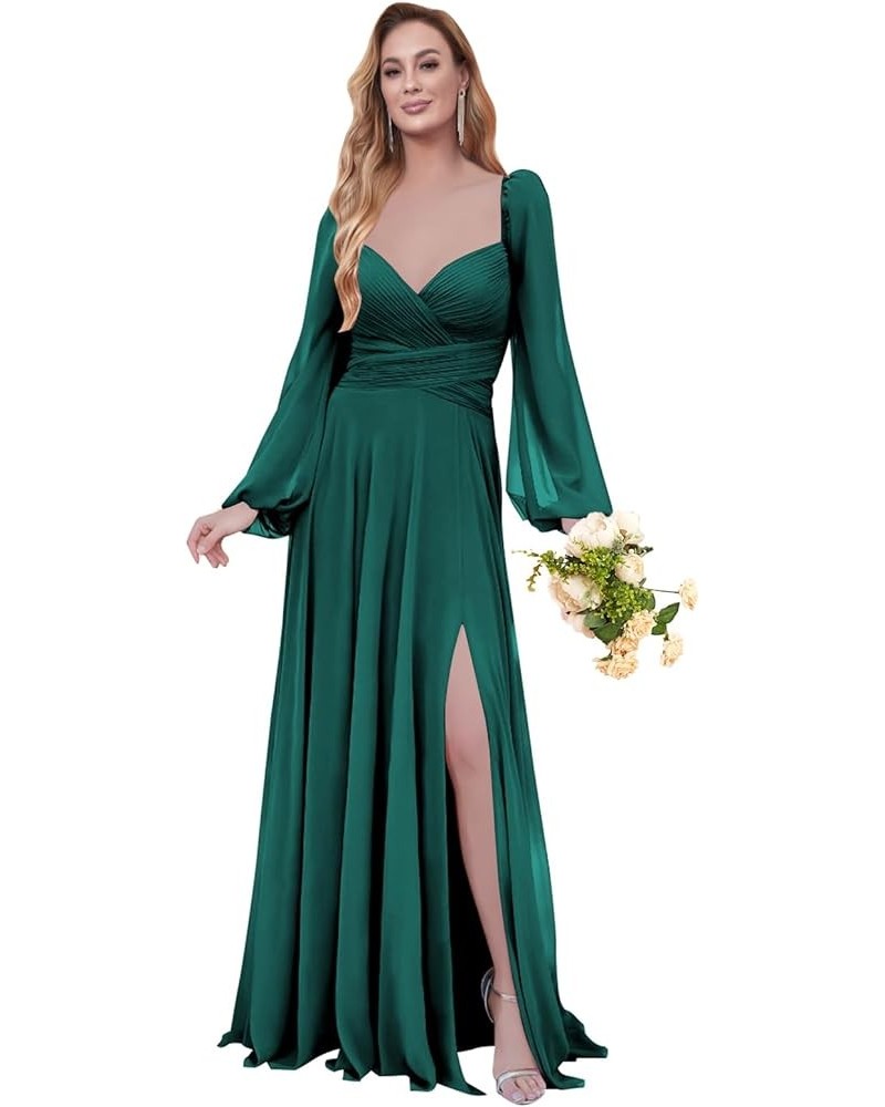 Women's Long Sleeve Bridesmaid Dresses Chiffon for Women V Neck Formal Dress with Slit Teal $38.49 Dresses