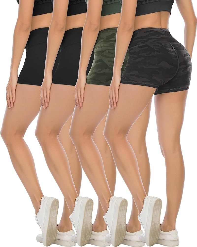 High Waisted Spandex Biker Shorts, Workout Booty Soft Yoga Shorts for Women 3 inch 4 Packs - Black*2/Camo Green/Camo Gray $8....