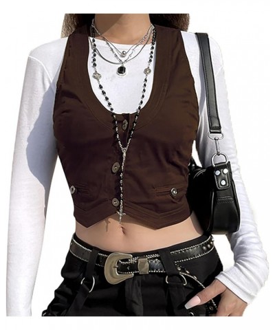 Women Casual Dressy Vest Tops Versatile Racerback Button Waistcoat Grunge Goth Tuxedo Suit Gilet Vintage Croset A Brown $9.68...