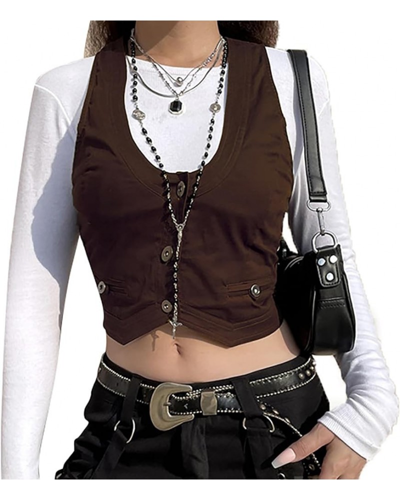 Women Casual Dressy Vest Tops Versatile Racerback Button Waistcoat Grunge Goth Tuxedo Suit Gilet Vintage Croset A Brown $9.68...