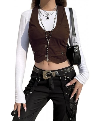 Women Casual Dressy Vest Tops Versatile Racerback Button Waistcoat Grunge Goth Tuxedo Suit Gilet Vintage Croset A Brown $9.68...