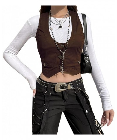 Women Casual Dressy Vest Tops Versatile Racerback Button Waistcoat Grunge Goth Tuxedo Suit Gilet Vintage Croset A Brown $9.68...