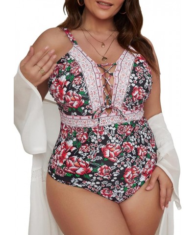 Women's Plus Size Floral Print Lace Up One Piece Swimsuit Tie Front Monokini Swimwear Multicolor Boho $15.40 Swimsuits