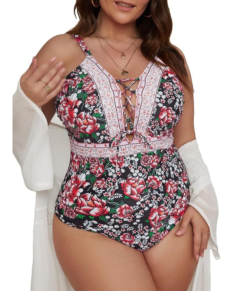 Women's Plus Size Floral Print Lace Up One Piece Swimsuit Tie Front Monokini Swimwear Multicolor Boho $15.40 Swimsuits