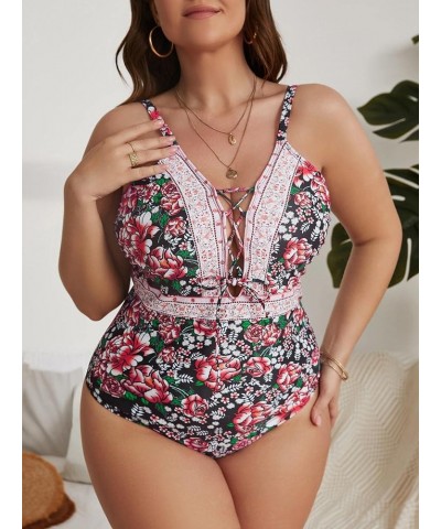 Women's Plus Size Floral Print Lace Up One Piece Swimsuit Tie Front Monokini Swimwear Multicolor Boho $15.40 Swimsuits