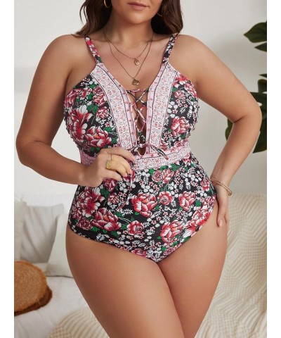 Women's Plus Size Floral Print Lace Up One Piece Swimsuit Tie Front Monokini Swimwear Multicolor Boho $15.40 Swimsuits