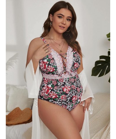 Women's Plus Size Floral Print Lace Up One Piece Swimsuit Tie Front Monokini Swimwear Multicolor Boho $15.40 Swimsuits