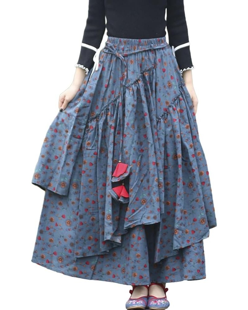 Womens Elastic Waist Aline Cotton Lined Retro Maxi Hem Pleated Long Skirts Print 208 $17.99 Skirts