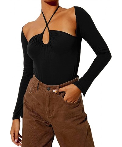 Women's Casual Crisscross Halter Cut Out Long Sleeve Crop Top T Shirt Black $7.94 T-Shirts