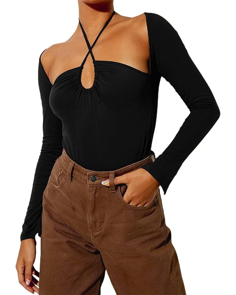 Women's Casual Crisscross Halter Cut Out Long Sleeve Crop Top T Shirt Black $7.94 T-Shirts