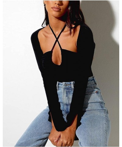 Women's Casual Crisscross Halter Cut Out Long Sleeve Crop Top T Shirt Black $7.94 T-Shirts