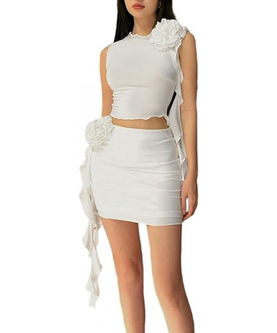 Fringe Skirt Sets Women 2 Piece Outfits Ruffle Y2K Sheer Mesh Crop Top Flower Tassel Mini Maxi Skirt Dress Summer A-white $10...