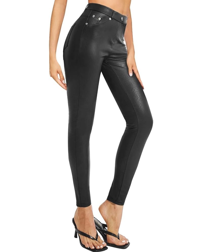 Faux Leather Leggings for Women Stretch High Waisted Leather Pants Tummy Control 2 Black $25.37 Leggings