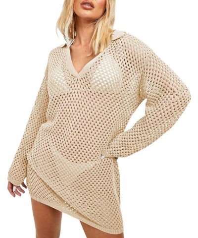 Crochet Swimsuit Cover Up for Women 2024 Sexy Hollow Out Bikini Bathing Suit Coverup Knit Beach Swimwear Dress Apricot $18.54...