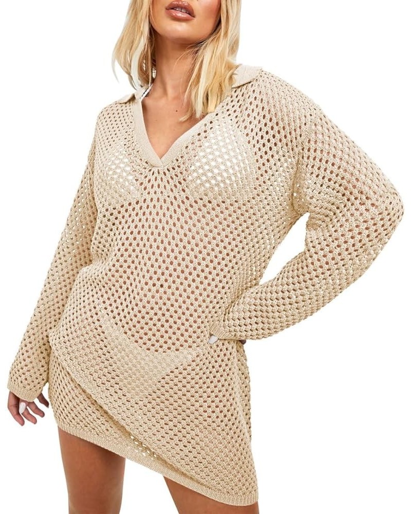 Crochet Swimsuit Cover Up for Women 2024 Sexy Hollow Out Bikini Bathing Suit Coverup Knit Beach Swimwear Dress Apricot $18.54...