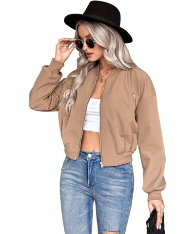 Women's Casual Drop Shoulder Zip Up Long Sleeve Bomber Jacket Khaki $15.18 Jackets