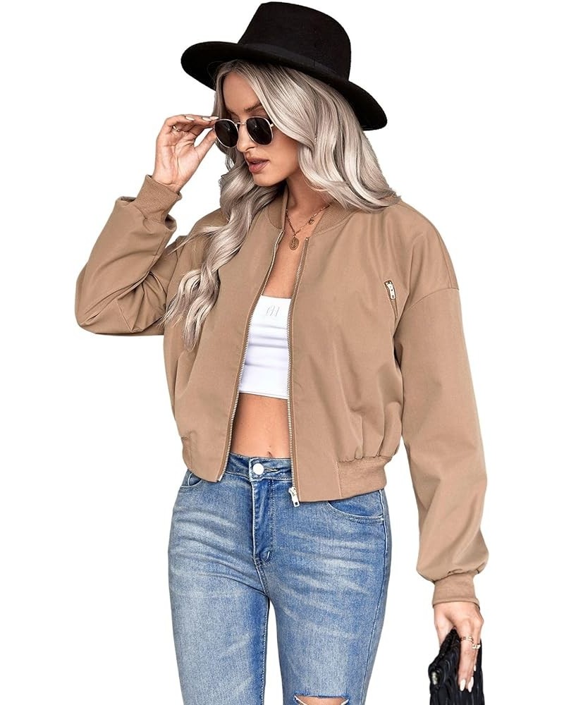 Women's Casual Drop Shoulder Zip Up Long Sleeve Bomber Jacket Khaki $15.18 Jackets