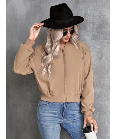 Women's Casual Drop Shoulder Zip Up Long Sleeve Bomber Jacket Khaki $15.18 Jackets