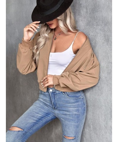 Women's Casual Drop Shoulder Zip Up Long Sleeve Bomber Jacket Khaki $15.18 Jackets