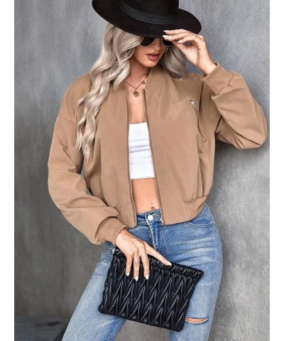 Women's Casual Drop Shoulder Zip Up Long Sleeve Bomber Jacket Khaki $15.18 Jackets