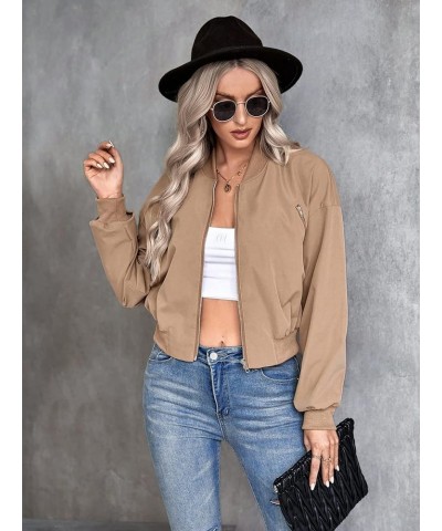 Women's Casual Drop Shoulder Zip Up Long Sleeve Bomber Jacket Khaki $15.18 Jackets