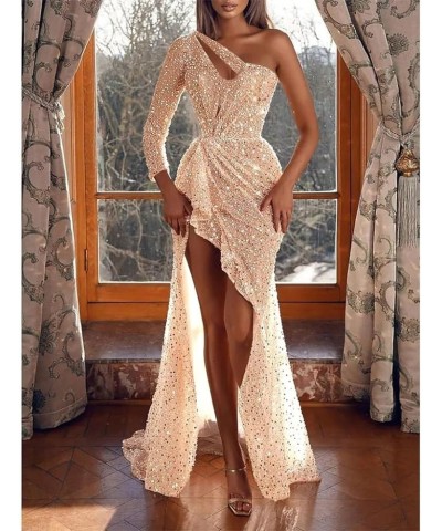 Women's Long Sleeve Sequin Prom Dresses One Shoulder Ball Gown High Slit Mermaid Wedding Guest Formal Evening Dress Dusty Ros...