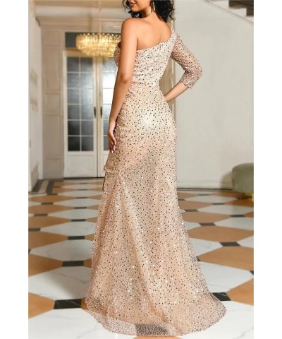 Women's Long Sleeve Sequin Prom Dresses One Shoulder Ball Gown High Slit Mermaid Wedding Guest Formal Evening Dress Dusty Ros...