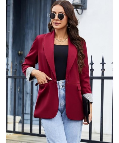 Blazer for Women Business Casual Striped Fold Sleeve Work Office Blazer Jacket 3/4 Long Sleeve Lapel Open Front Blazers Wine ...