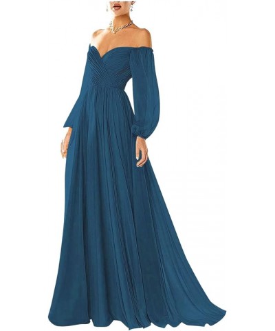 Women's Off Shoulder Wedding Dress Puffy Long Sleeves Pleated Chiffon Formal Prom Evening Gowns with Pockets TN003 Teal $34.5...