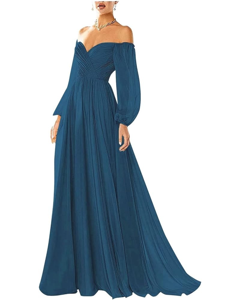 Women's Off Shoulder Wedding Dress Puffy Long Sleeves Pleated Chiffon Formal Prom Evening Gowns with Pockets TN003 Teal $34.5...