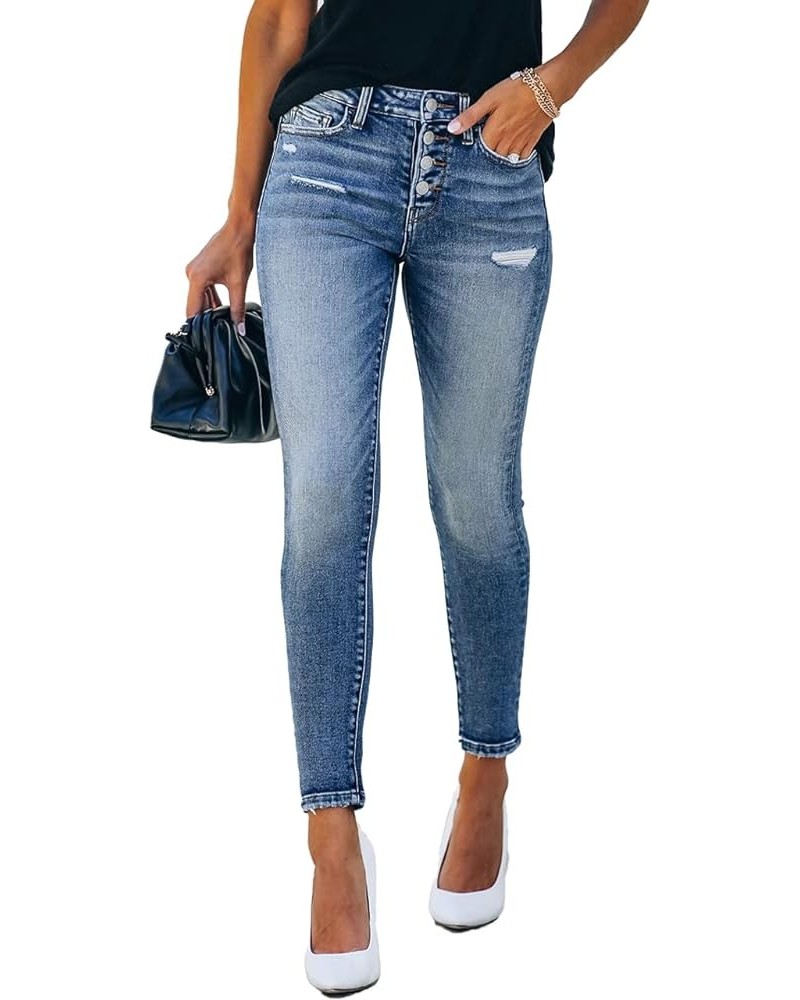 Women's High Rise Skinny Stretch Ripped Jeans High Waisted Destroyed Denim Pants Blue-4 $18.90 Jeans