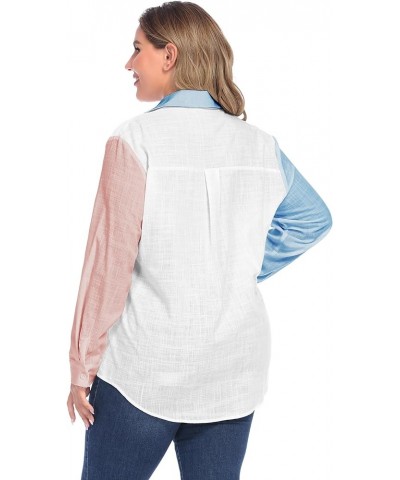 Womens Plus Size Button Down Shirt Linen Collared Shirt Long Sleeve Cotton Button Front Shirt Work Blouse Tops White&pink&blu...