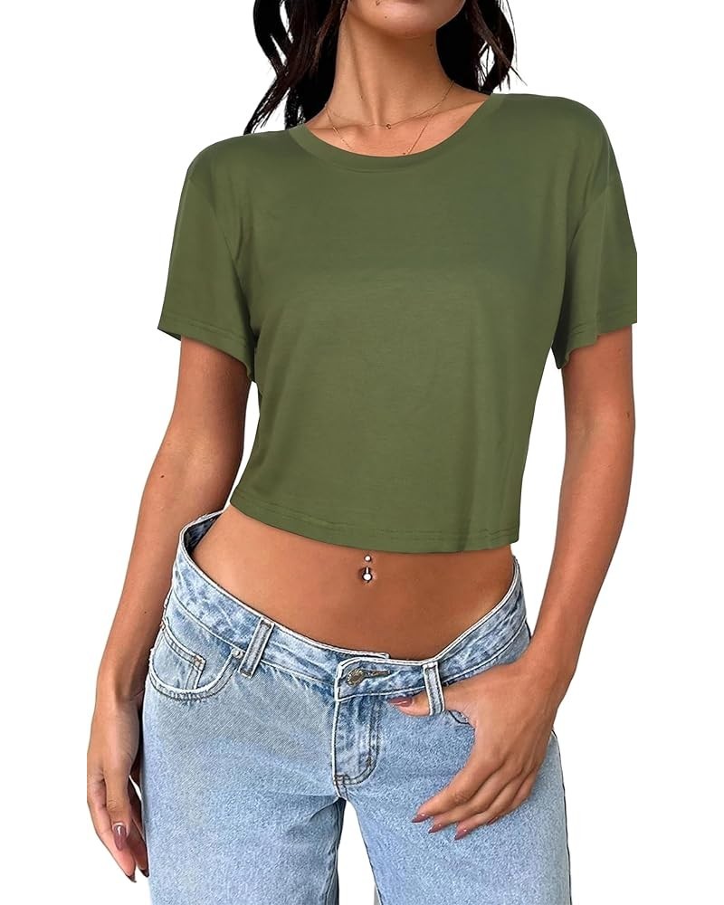 Womens Summer Crop Tops Short Sleeve Round Neck T-Shirts Loose Fit Casual Blouse Army Green $9.53 T-Shirts