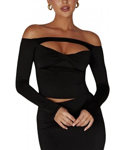 Off Shoulder Tops for Women Long Sleeve Y2K Shirt E-Girls Sexy Slim Fit Backless Streetwear Club Top Hollow Out Black $8.39 T...