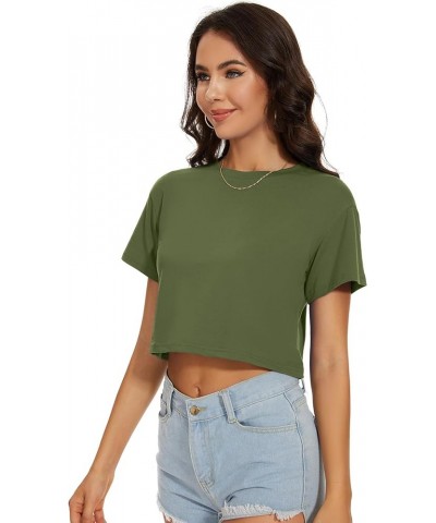 Womens Summer Crop Tops Short Sleeve Round Neck T-Shirts Loose Fit Casual Blouse Army Green $9.53 T-Shirts