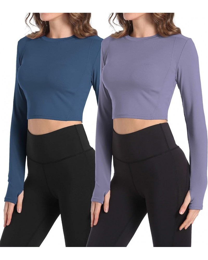 2 Pack Women's Crop Top Long Sleeve Athletic Workout Yoga Shirts Cropped Sweatshirts with Thumb Hole Dark Blue/Purple $19.37 ...