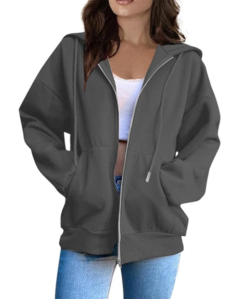 Fashion Hoodies,Vintage Zipper Oversized Loose Fit Hoodies Women Long Sleeve Solid Jackets Soft Outdoor Sweatshirt 01-dark Gr...