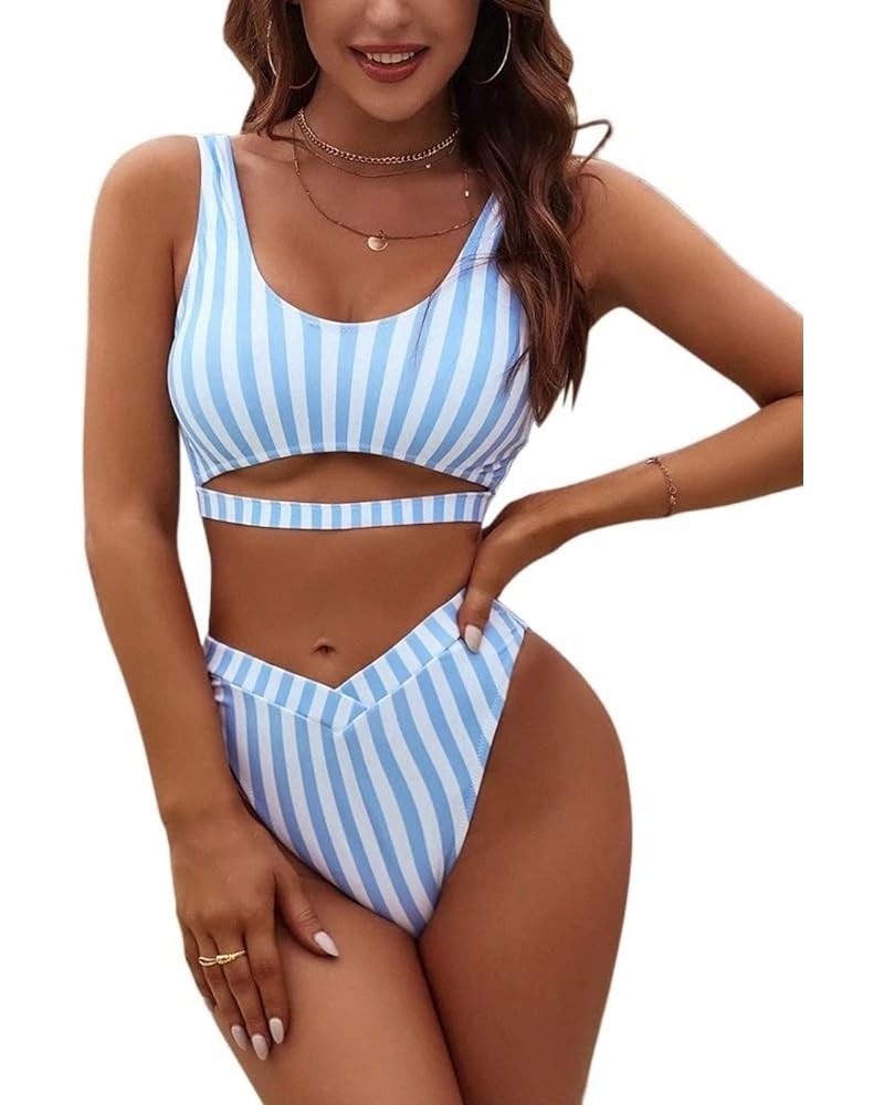 Womens Cheeky High Cut Bikini Set Cutout High Waisted Swimsuits Backless 2 Piece Bathing Suits Blue & White Striped $12.17 Sw...