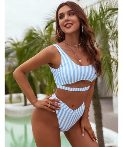 Womens Cheeky High Cut Bikini Set Cutout High Waisted Swimsuits Backless 2 Piece Bathing Suits Blue & White Striped $12.17 Sw...