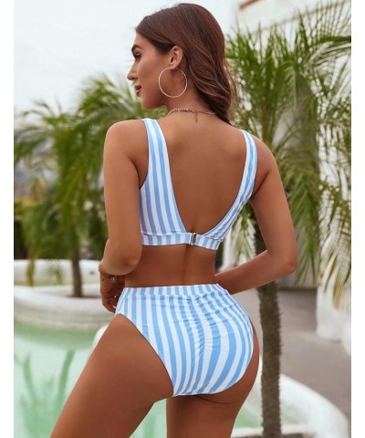 Womens Cheeky High Cut Bikini Set Cutout High Waisted Swimsuits Backless 2 Piece Bathing Suits Blue & White Striped $12.17 Sw...