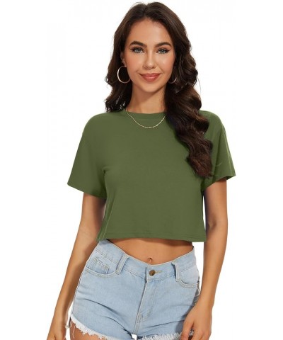 Womens Summer Crop Tops Short Sleeve Round Neck T-Shirts Loose Fit Casual Blouse Army Green $9.53 T-Shirts