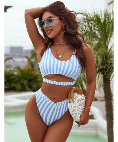 Womens Cheeky High Cut Bikini Set Cutout High Waisted Swimsuits Backless 2 Piece Bathing Suits Blue & White Striped $12.17 Sw...